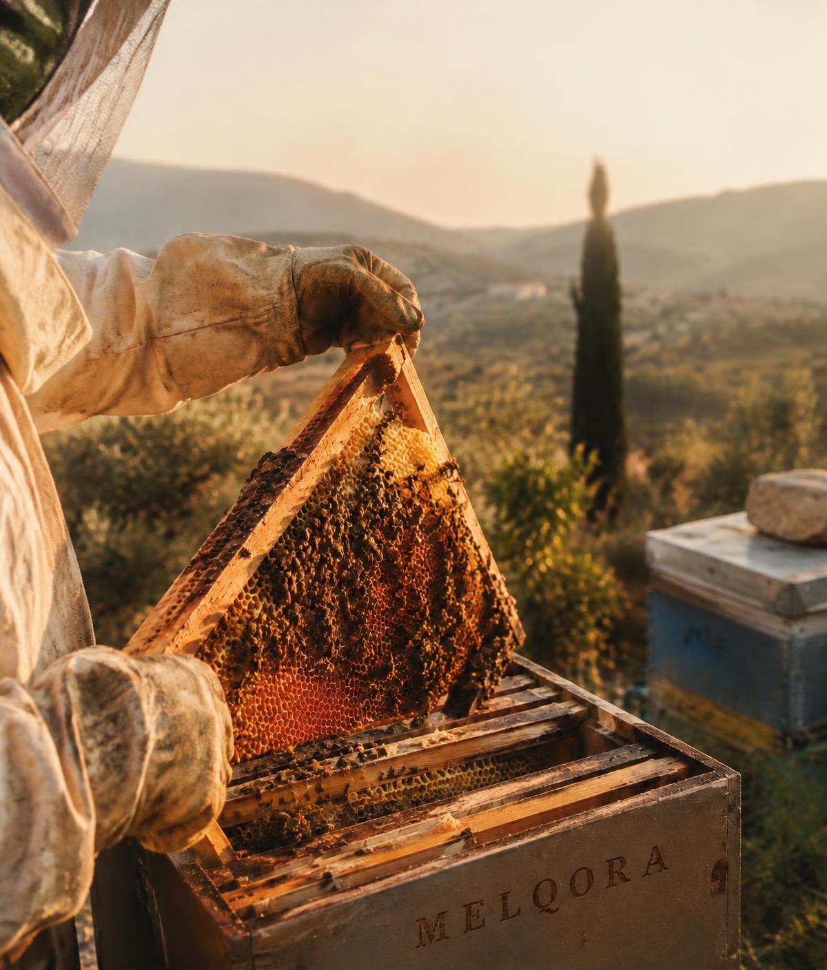 Beekeeper lifting a honeycomb frame